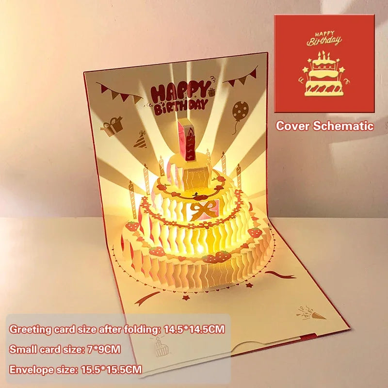 LED Light Musical Birthday Card – 3D Pop Up Cake Greeting Card with Sound Effects