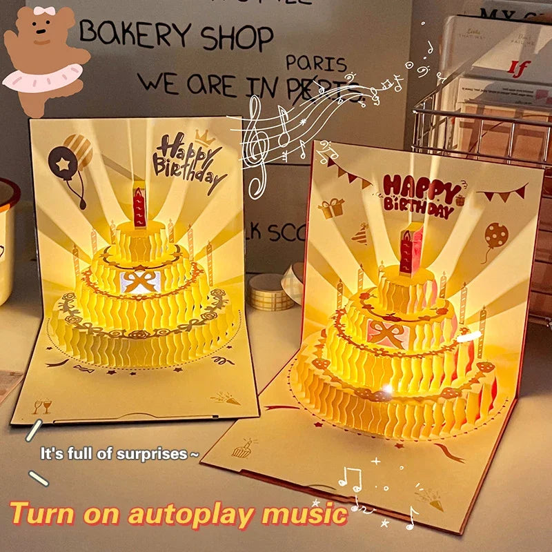 LED Light Musical Birthday Card – 3D Pop Up Cake Greeting Card with Sound Effects