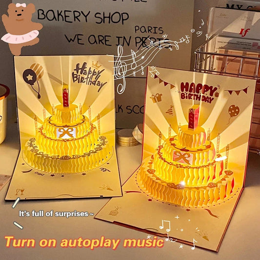 LED Light Musical Birthday Card – 3D Pop Up Cake Greeting Card with Sound Effects
