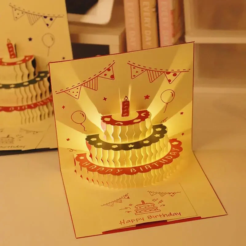 LED Light Musical Birthday Card – 3D Pop Up Cake Greeting Card with Sound Effects