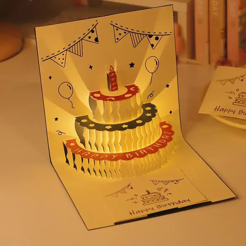 LED Light Musical Birthday Card – 3D Pop Up Cake Greeting Card with Sound Effects