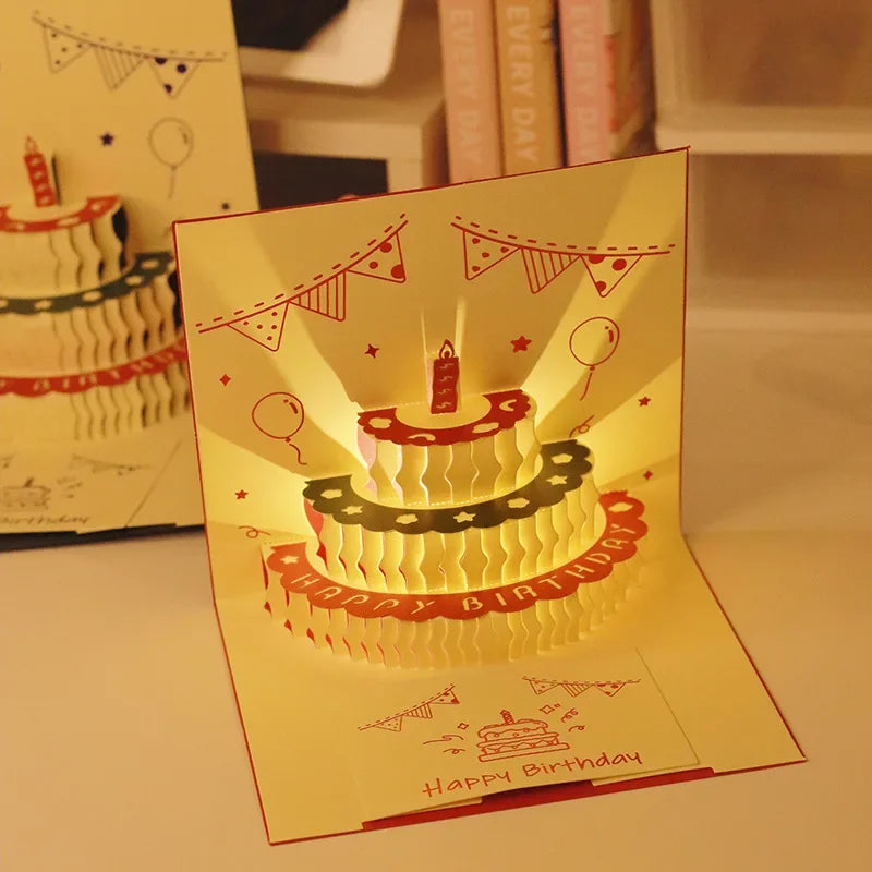 LED Light Musical Birthday Card – 3D Pop Up Cake Greeting Card with Sound Effects