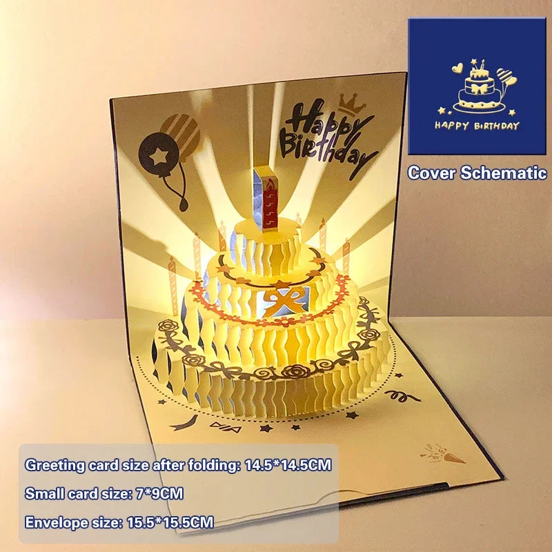 LED Light Musical Birthday Card – 3D Pop Up Cake Greeting Card with Sound Effects