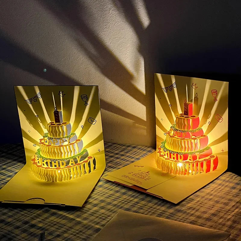 LED Light Musical Birthday Card – 3D Pop Up Cake Greeting Card with Sound Effects